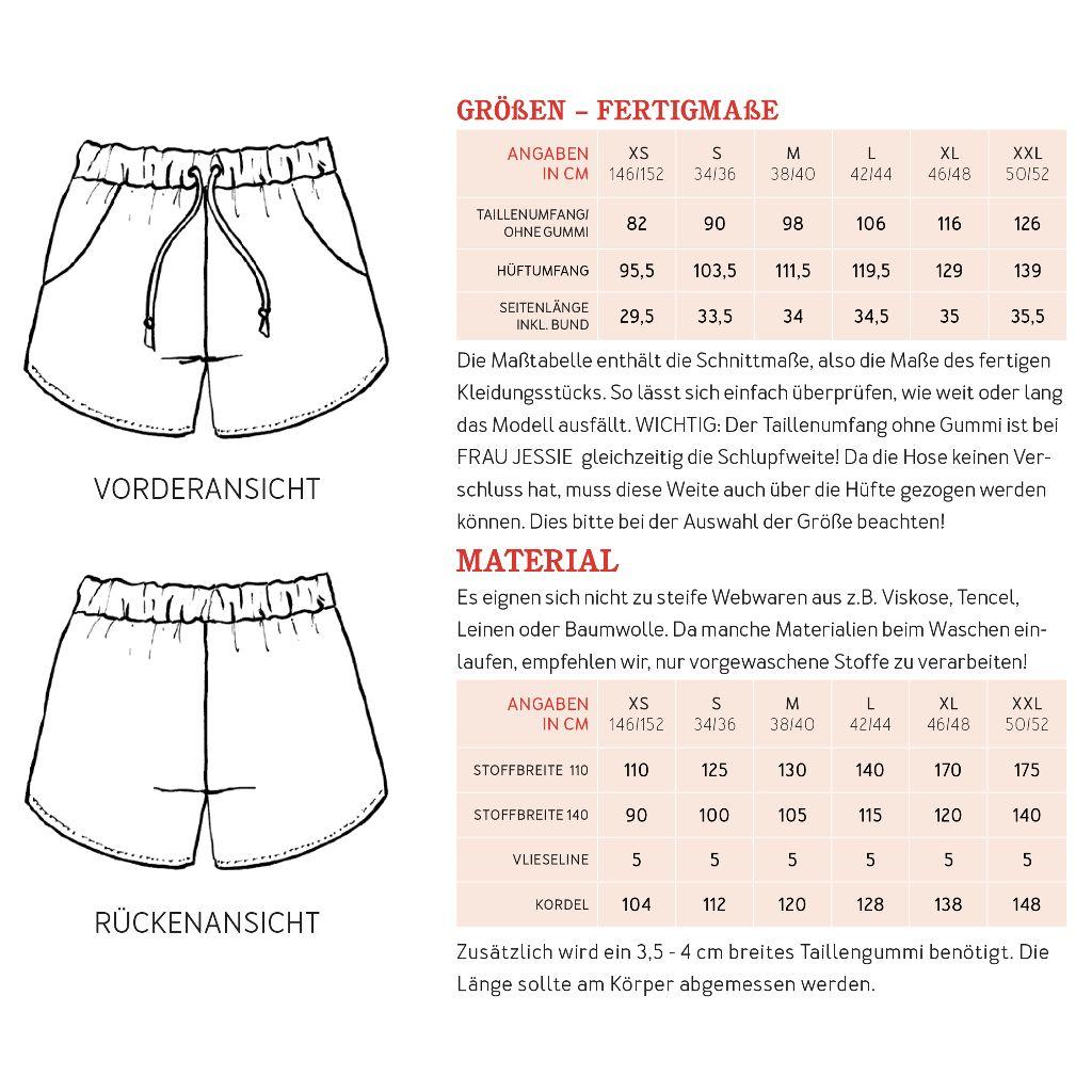 Papierschnittmuster Shorts mit Gummibund Frau Jessie XS-XXL